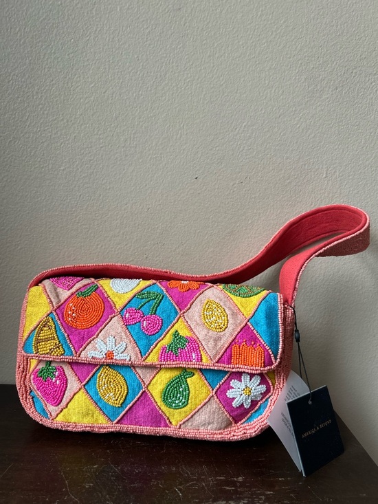 America & Beyond Handbags - America & Beyond Beaded Pink Colorful Fruit Floral Shoulder Bag New